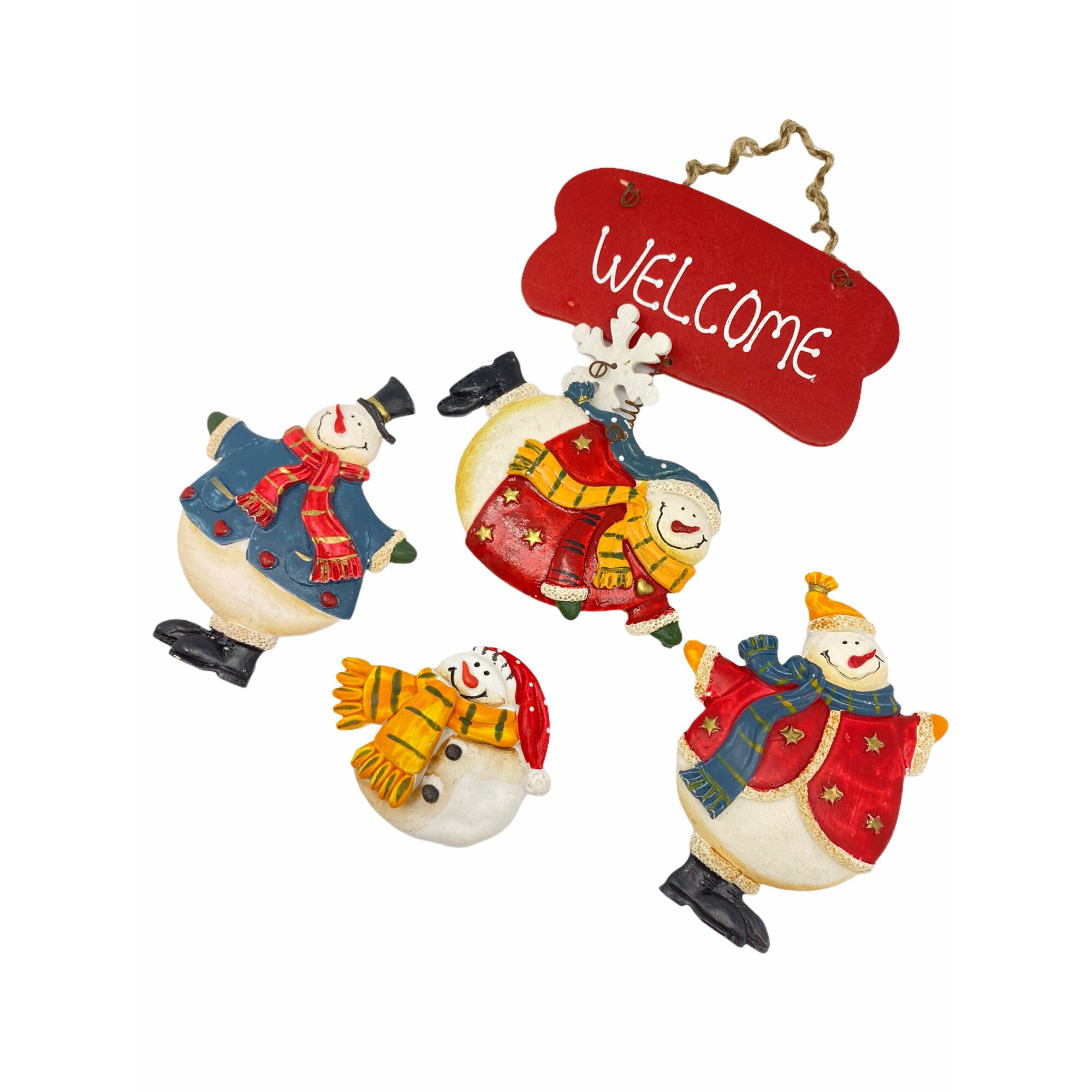 Set 4 decoratiuni mixte pentru Craciun, Om de zapada, Atelier, Cermica/Lemn, Multicolor