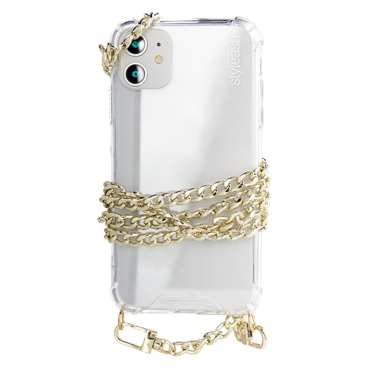 Защитен капак с подвижна метална верижка, съвместим с iPhone 12/12 Pro, Styleash, Gold