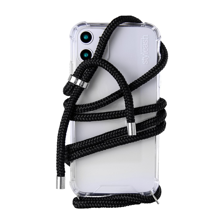 Husa transparenta pentru telefon cu snur integrat, Styleash, iPhone XS Max, Black, Silver