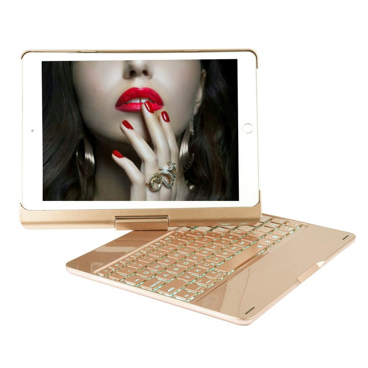 Husa Tableta Tastatura Apple Ipad 7th Generation 10.2" Smartbook Keypad ofera protectie Luxury Rotire 360, Gold