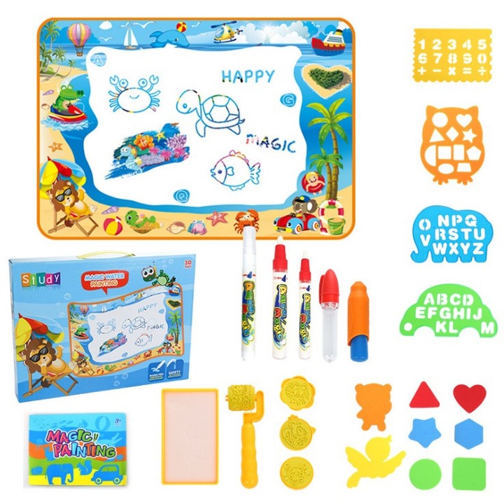 Образователен и интерактивен комплект играчки Magic Aquadoodle mat игра, оцветяване с вода, подарък за момичета и момчета, 2,3,4,5,6 години, 100 х 70 см