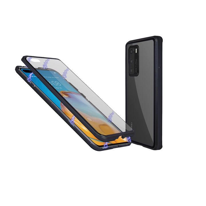Магнитен 360° Кейс за Huawei P40 с предно и задно стъкло, Черен