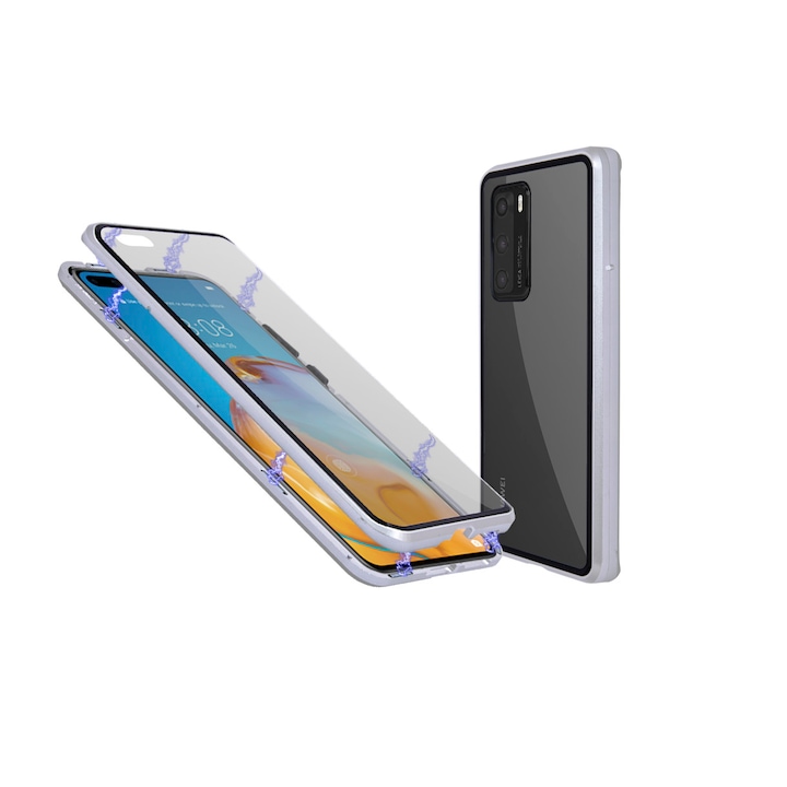 Магнитен 360° Кейс за Huawei P40 с предно и задно стъкло, Сребрист