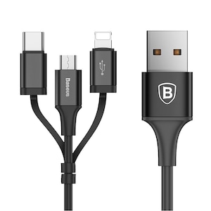 Cablu de incarcare, Baseus, 3 in ,1 Type-C, Micro USB, Lightning, Incarcator rapid, 2A, 1,2 m., Negru