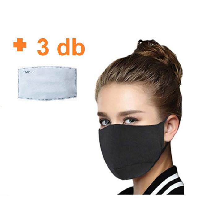Légzésvédő maszk (három rétegű) , Fekete, + 3 db 5 rétegű aktív szénbetéttel