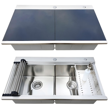 Chiuveta bucatarie dubla CookingAid KINGA STEEL cu dozator detergent, scurgator vase/paste/fructe, gratar rulabil inox, 2 tocatoare sticla neagra, 860 mm x 510 mm, adancime cuva 235 mm, montare pe blat, finisaj satinat Chiuveta bucatarie dubla CookingAid KINGA STEEL cu dozator detergent, scurgator vase/paste/fructe, gratar rulabil inox, 2 tocatoare sticla neagra, 860 mm x 510 mm, adancime cuva 235 mm, montare pe blat, finisaj satinat