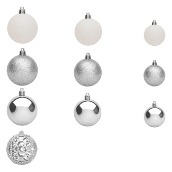 Set 50 de globulete, Zola®, albe si argintii, modele si marimi diferite,cu sclipici, 3-4-6 cm Set 50 de globulete, Zola®, albe si argintii, modele si marimi diferite,cu sclipici, 3-4-6 cm