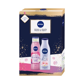 Set cadou Nivea: Gel de dus Nivea Fresh Blends cu zmeura, afine si lapte de migdale, 300 ml + Lotiune de corp Nivea Cherry Blossom, 200 ml Set cadou Nivea: Gel de dus Nivea Fresh Blends cu zmeura, afine si lapte de migdale, 300 ml + Lotiune de corp Nivea Cherry Blossom, 200 ml