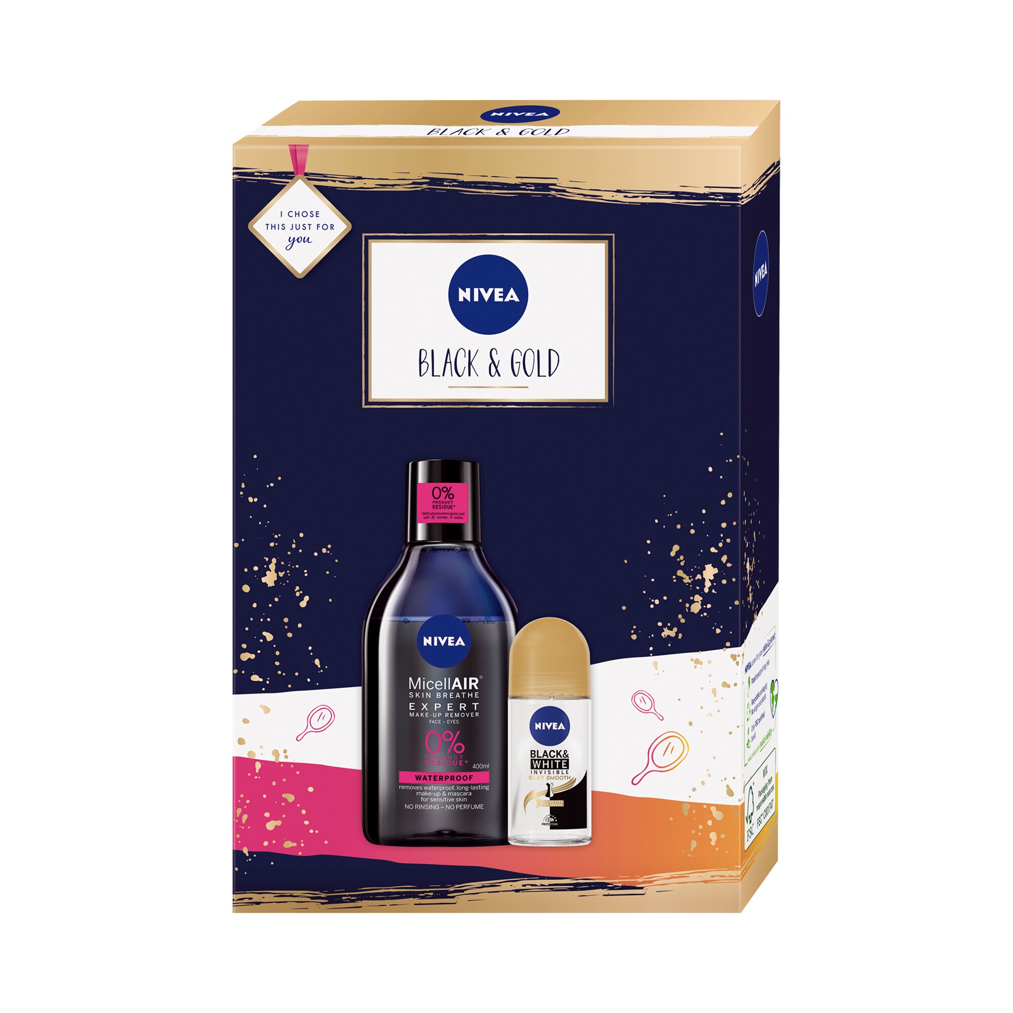 Set cadou Nivea: Apa Micelara Bifazica Nivea Micellar Expert Waterproof, 400 ml + Deodorant roll-on Black&White Silky Smooth, 50 ml