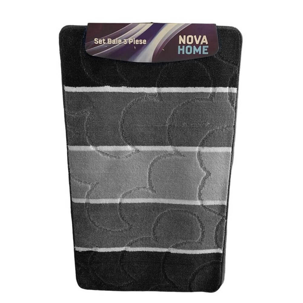 Set 3 Covorase Baie NOVA HOME, 80x50 cm, Polipropilena Negru/Gri