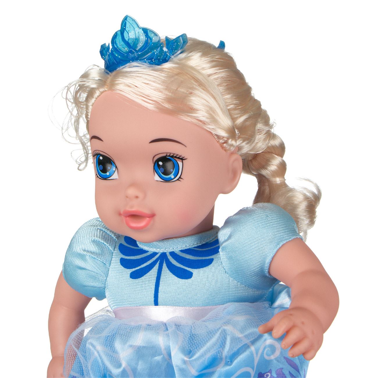 Papusa cu coronita,model Elsa,rochita albastra cu volanase,dimensiune 31 cm