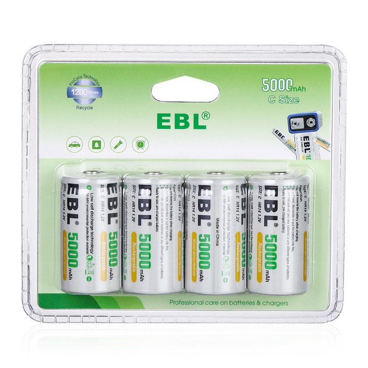 Set 4 acumulatori profesionali R14/ C, 5000 mAh, Ni-Mh Ready to use - EBL