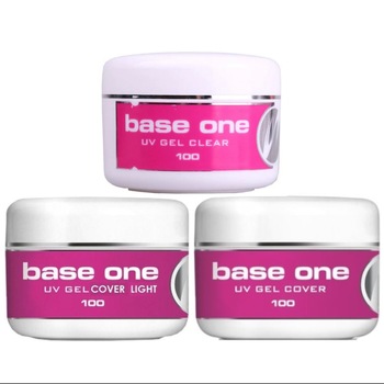 Set 3 Geluri UV Base One 100 ML, Clear, Cover, Cover Light, pentru manichiura unghii false Set 3 Geluri UV Base One 100 ML, Clear, Cover, Cover Light, pentru manichiura unghii false