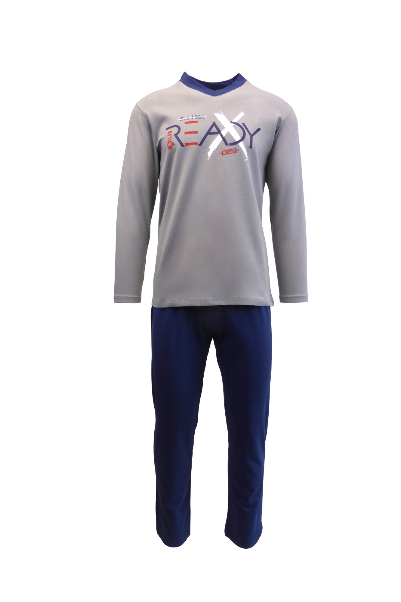 Pijama pentru barbat, UNIVERS FASHION, bluza gri cu imprimeu 'READY', pantaloni lungi indigo, marime M