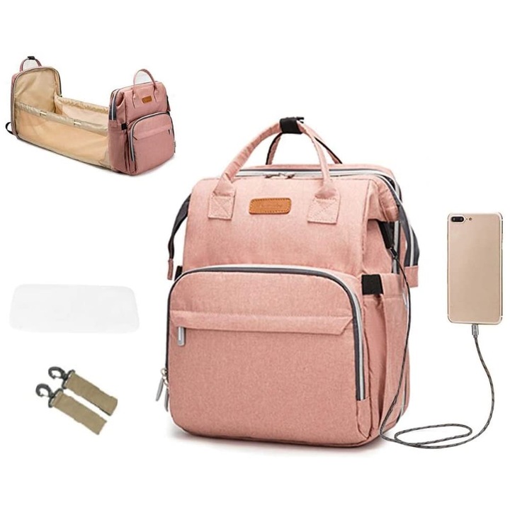 Ankommling 2 az 1-ben többfunkciós hátizsák - pelenka táska és összecsukható hátitáska utazáshoz, babakocsihoz, USB-vel, korall szín