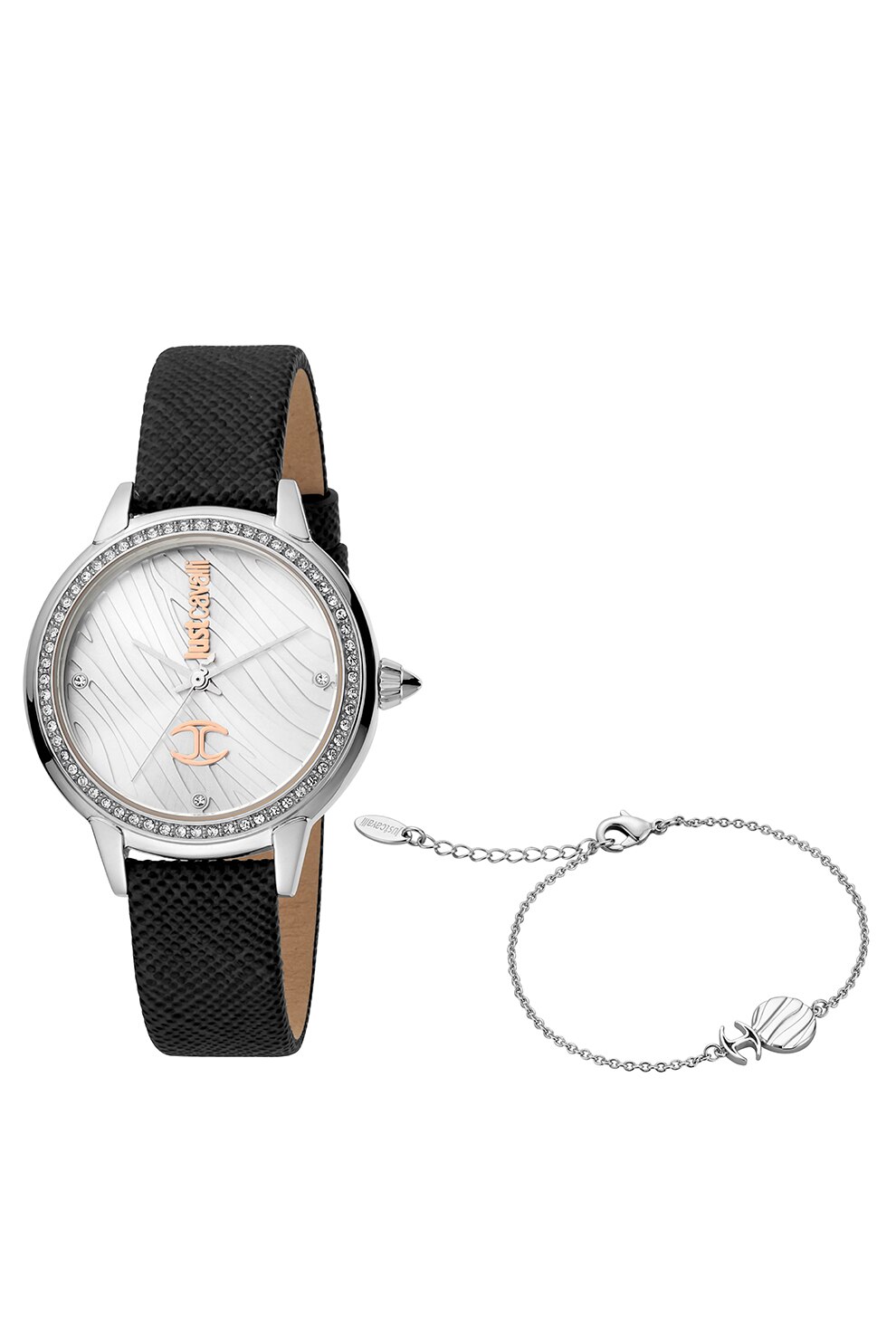 JUST CAVALLI, Set de bratara si ceas cu o curea de piele decorat cu cristale , Negru/Argintiu