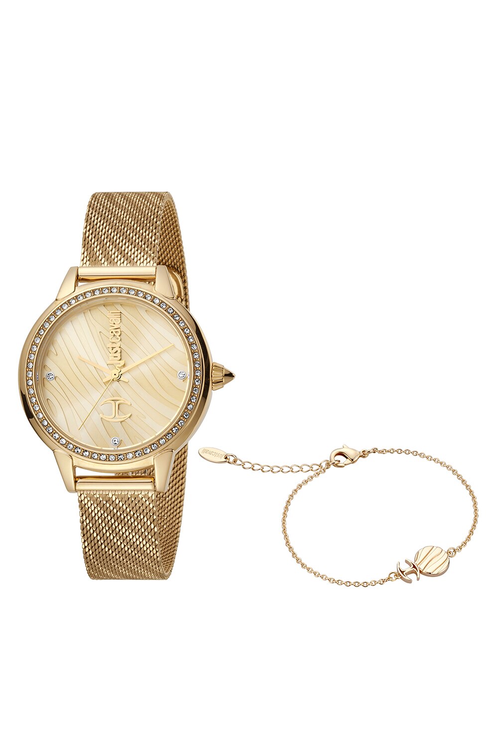 JUST CAVALLI, Set de bratara si ceas din otel inoxidabil decorat cu cristale , Auriu