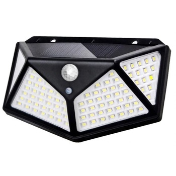 Lampa cu incarcare solara si 100 LED-uri, aprindere prin senzor de miscare, pentru exterior, culoare negru Lampa cu incarcare solara si 100 LED-uri, aprindere prin senzor de miscare, pentru exterior, culoare negru