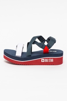 Big Star, Sandale wedge cu velcro si logo, Bleumarin/Alb, 38 Big Star, Sandale wedge cu velcro si logo, Bleumarin/Alb, 38