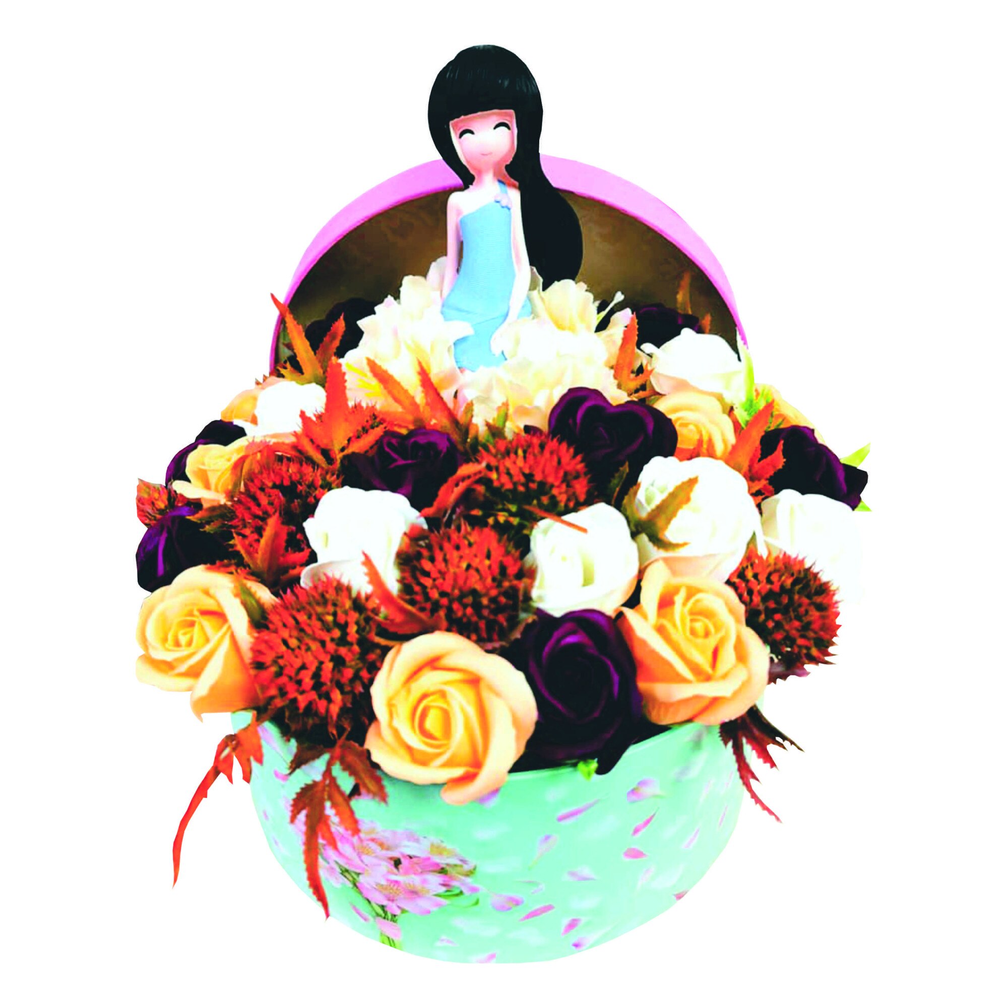 Aranjament floral din Trandafiri de sapun, Multicolor in cutie florala, cu figurina de rasina