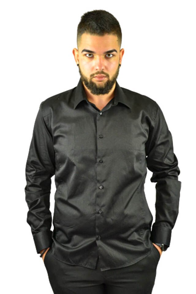 Camasa KEEPOUT Slim fit, Negru shine, Negru