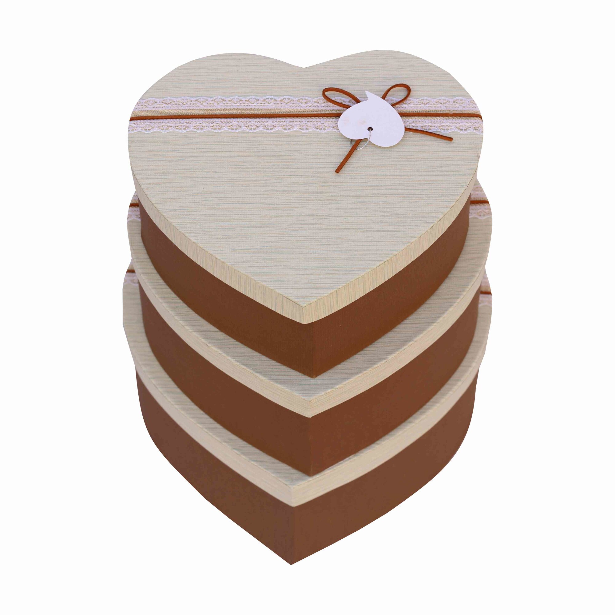 Set 3 cutii in forma de inima, 265 g, maro