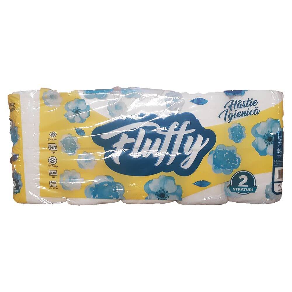 Hartie Igienica Alba FLUFFY, 2 Straturi, 10 Role/Bax, 140 Foi/Rola, 9.5 cm,