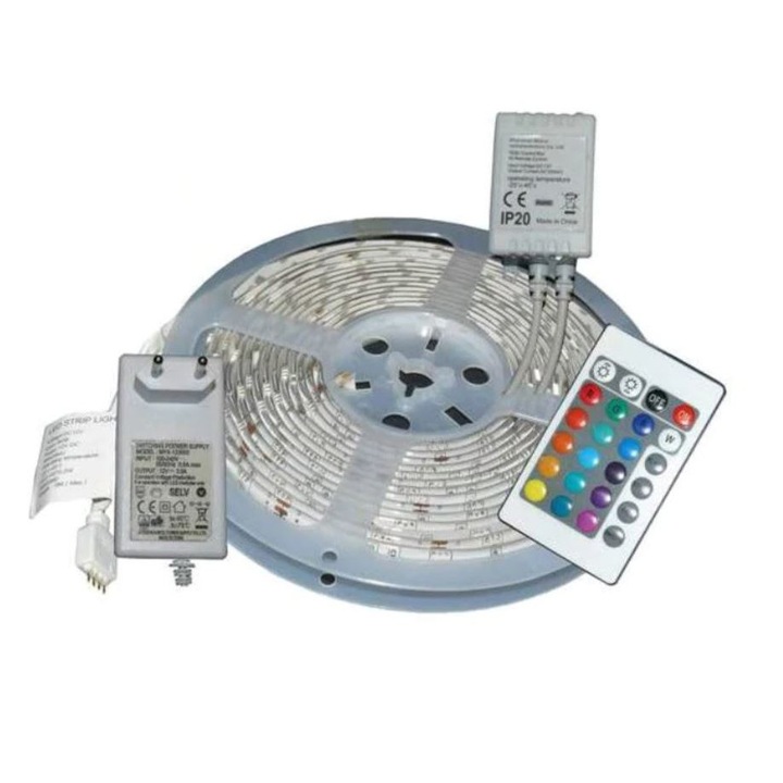 RGB LED szalag, hossza 5 M, vezeték nélküli távirányító, többféle világítási mód, környezeti fény, előre felvitt rögzítő ragasztó