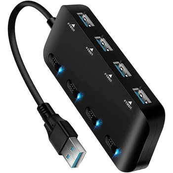 Hub cu 4 porturi USB 3.0,5 Gbps, Comutator ON/OFF, Negru Hub cu 4 porturi USB 3.0,5 Gbps, Comutator ON/OFF, Negru