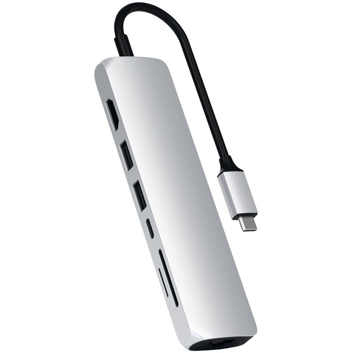 Adaptor USB-C Satechi Slim Multiport 1xHDMI 4K, 2x USB-A,1x SD, 1x Ethernet, Argintiu