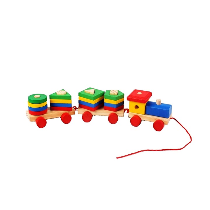 BV MWZ3055 fa játékvonat hozzáillő geometriai formákkal, 22 db