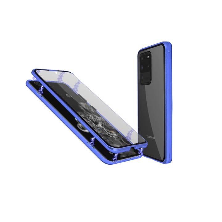 Магнитен 360° Kейс Luphie за Samsung Galaxy S20 Ultra с предно и задно стъкло, Син