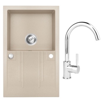 Set chiuveta Ferro granit 78x48 nisip, 1 cuva si picurator cu baterie Ferro lebada crom Set chiuveta Ferro granit 78x48 nisip, 1 cuva si picurator cu baterie Ferro lebada crom