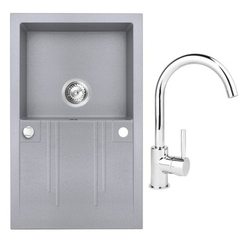 Set chiuveta Ferro granit 78x48 gri, 1 cuva si picurator cu baterie Ferro lebada crom Set chiuveta Ferro granit 78x48 gri, 1 cuva si picurator cu baterie Ferro lebada crom