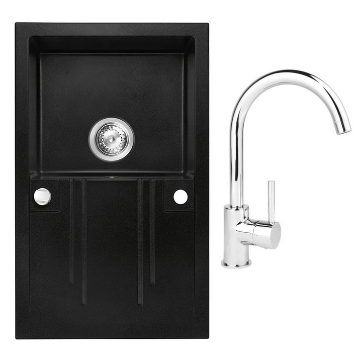 Set chiuveta Ferro granit 78x48 grafite, 1 cuva si picurator cu baterie Ferro lebada crom