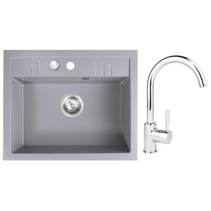 Set chiuveta Ferro granit 58x48 gri, 1 cuva cu baterie Ferro lebada crom