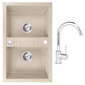 Set chiuveta Ferro granit 78x48 nisip, 2 cuve cu baterie Ferro lebada crom Set chiuveta Ferro granit 78x48 nisip, 2 cuve cu baterie Ferro lebada crom