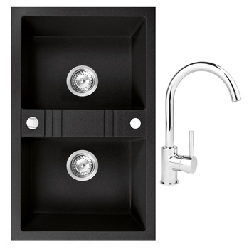Set chiuveta Ferro granit 78x48 grafite 2 cuve cu baterie Ferro lebada crom Set chiuveta Ferro granit 78x48 grafite 2 cuve cu baterie Ferro lebada crom