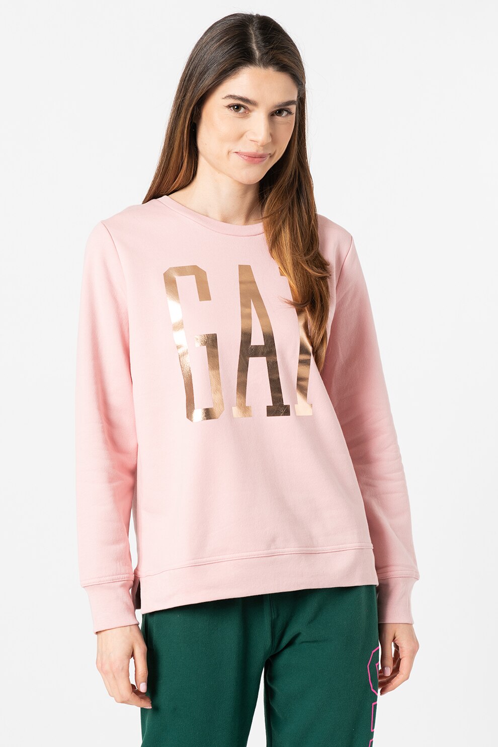 GAP, Bluza sport cu imprimeu logo si decolteu la baza gatului, Roz pal