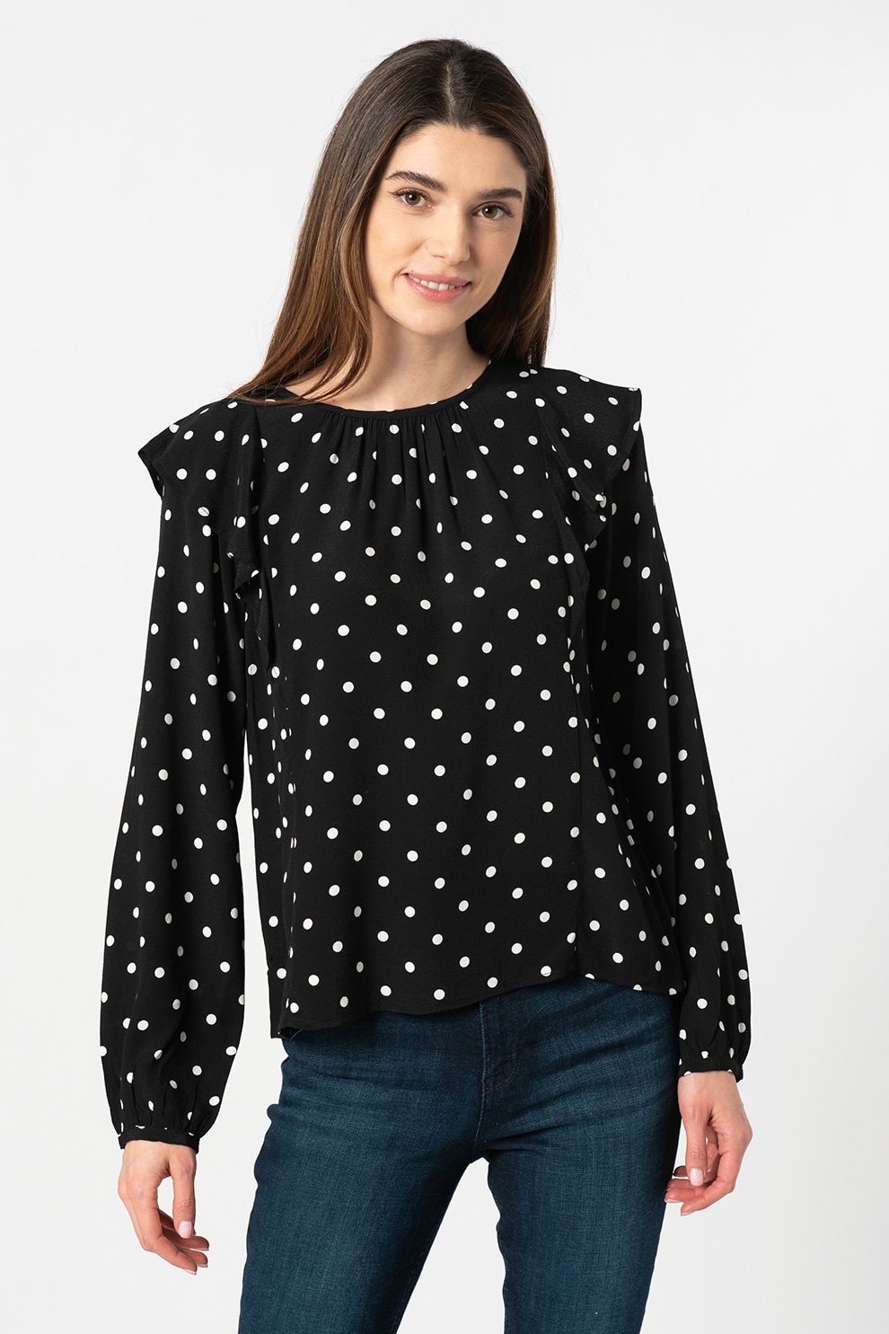 GAP, Bluza cu decolteu la baza gatului si model cu buline, Negru/Alb