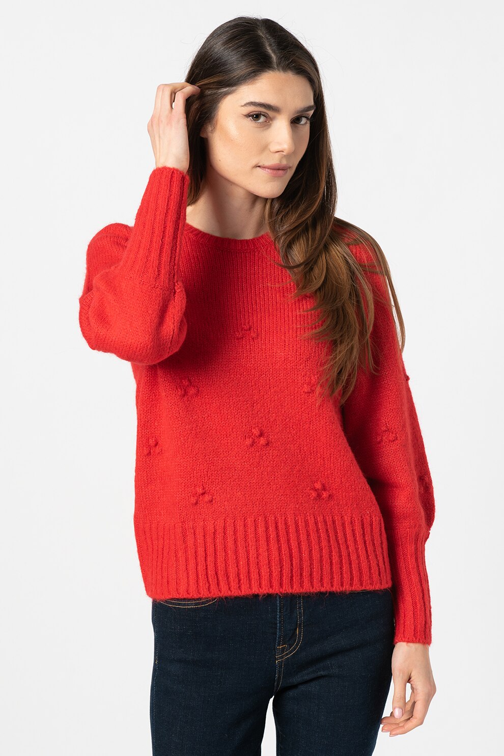 GAP, Pulover din amestec de lana si lana alpaca cu maneci bufante, Rosu vermilion