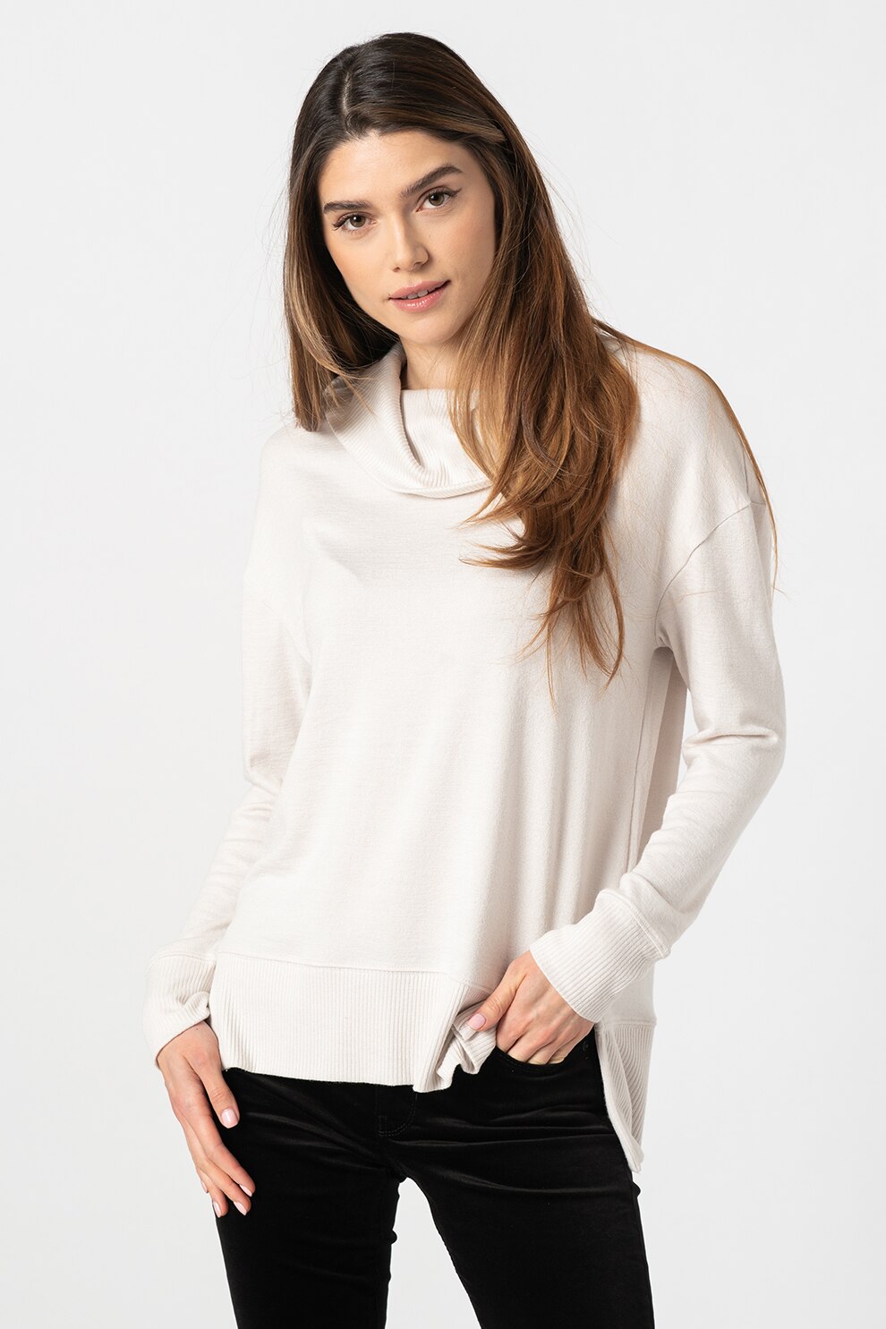 GAP, Bluza sport cu guler inalt, Alb prafuit