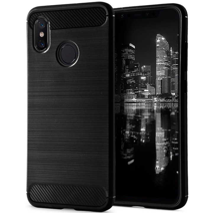 Husa de protectie Pentru Xiaomi Mi 8, Din TPU si carbon slefuit, Negru