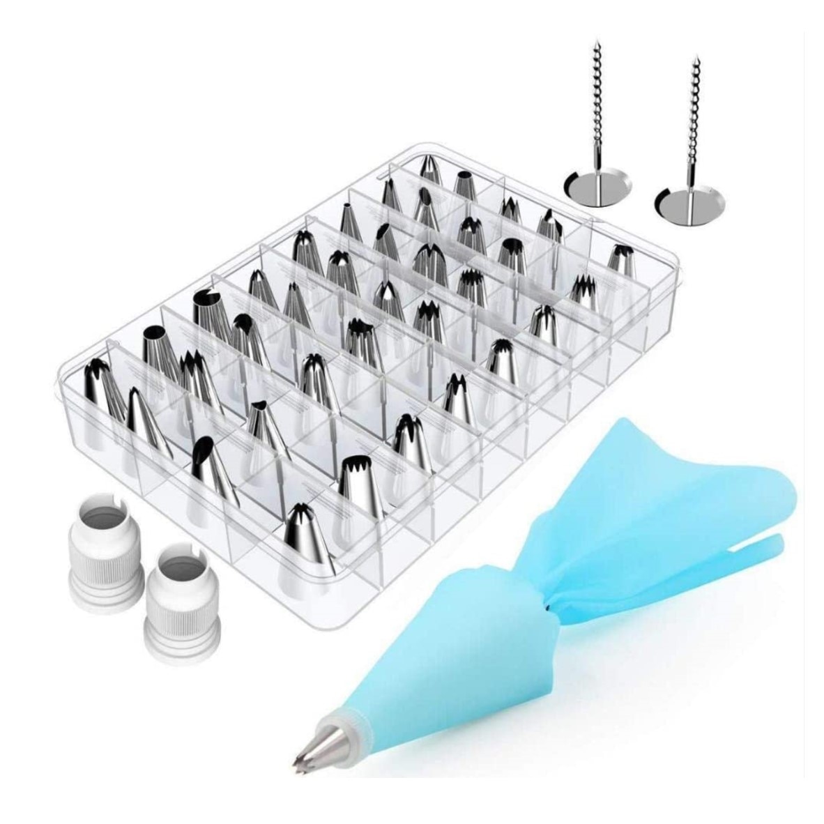 Set 42 piese pentru ornarea torturilor, Otel inoxidabil/Silicon, Argintiu/Albastru