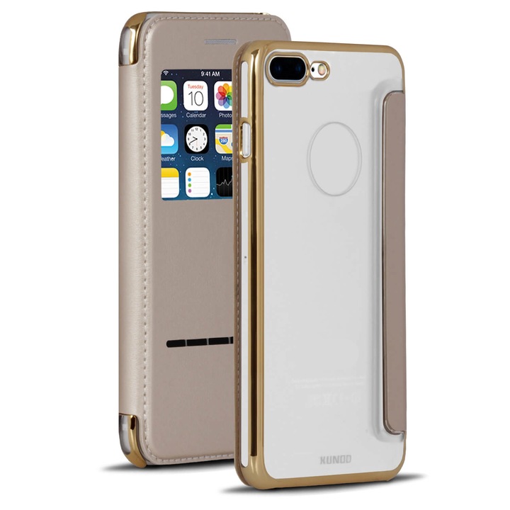 Husa pentru iPhone 7 Plus/8 Plus, Plastic/Piele ecologica, Transparent/Auriu