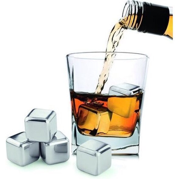 Set 6 cuburi pentru racirea bauturilor, Haushalt International, reutilizabile, din otel inoxidabil, forma patrat, argintiu, 2.7 cm
