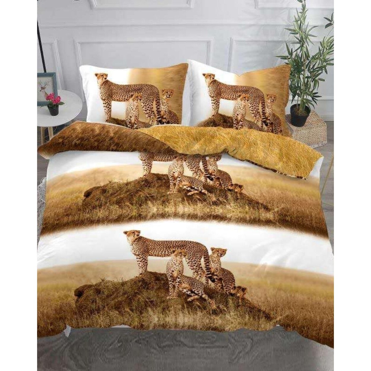Set Lenjerie Bumbac Satinat Superior, 4 Piese, Pat 2 Persoane, Cheetah