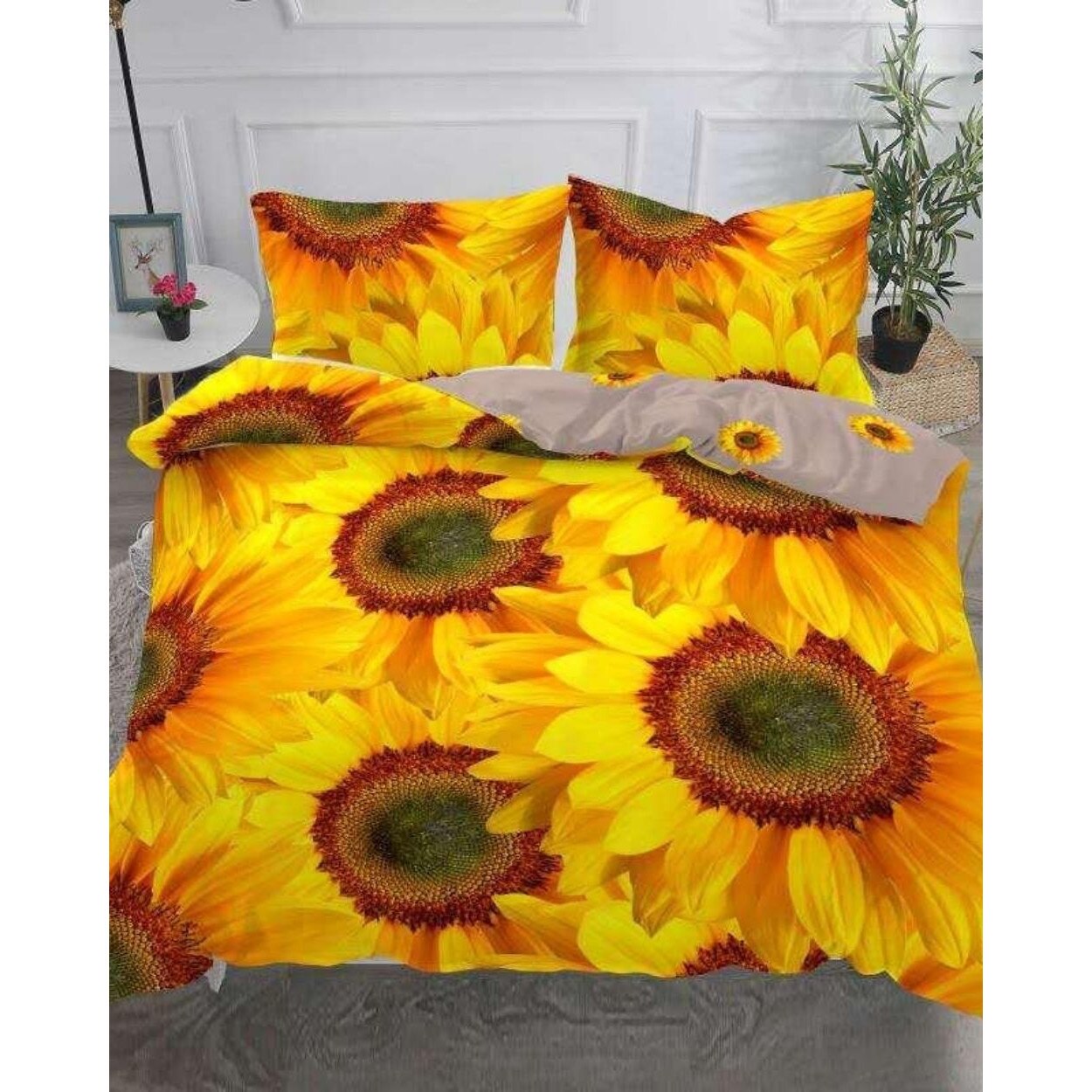 Set Lenjerie Bumbac Satinat Superior, 4 Piese, Pat 2 Persoane, Sunflower