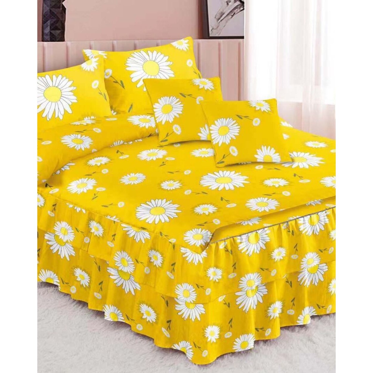 Lenjerie Finet Satinat cu Volanase, 6 Piese, Pat 2 Persoane, FNVC-40