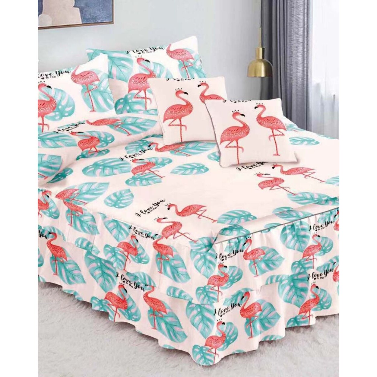 Lenjerie Finet Satinat cu Volanase, 6 Piese, Pat 2 Persoane, FNVC-42